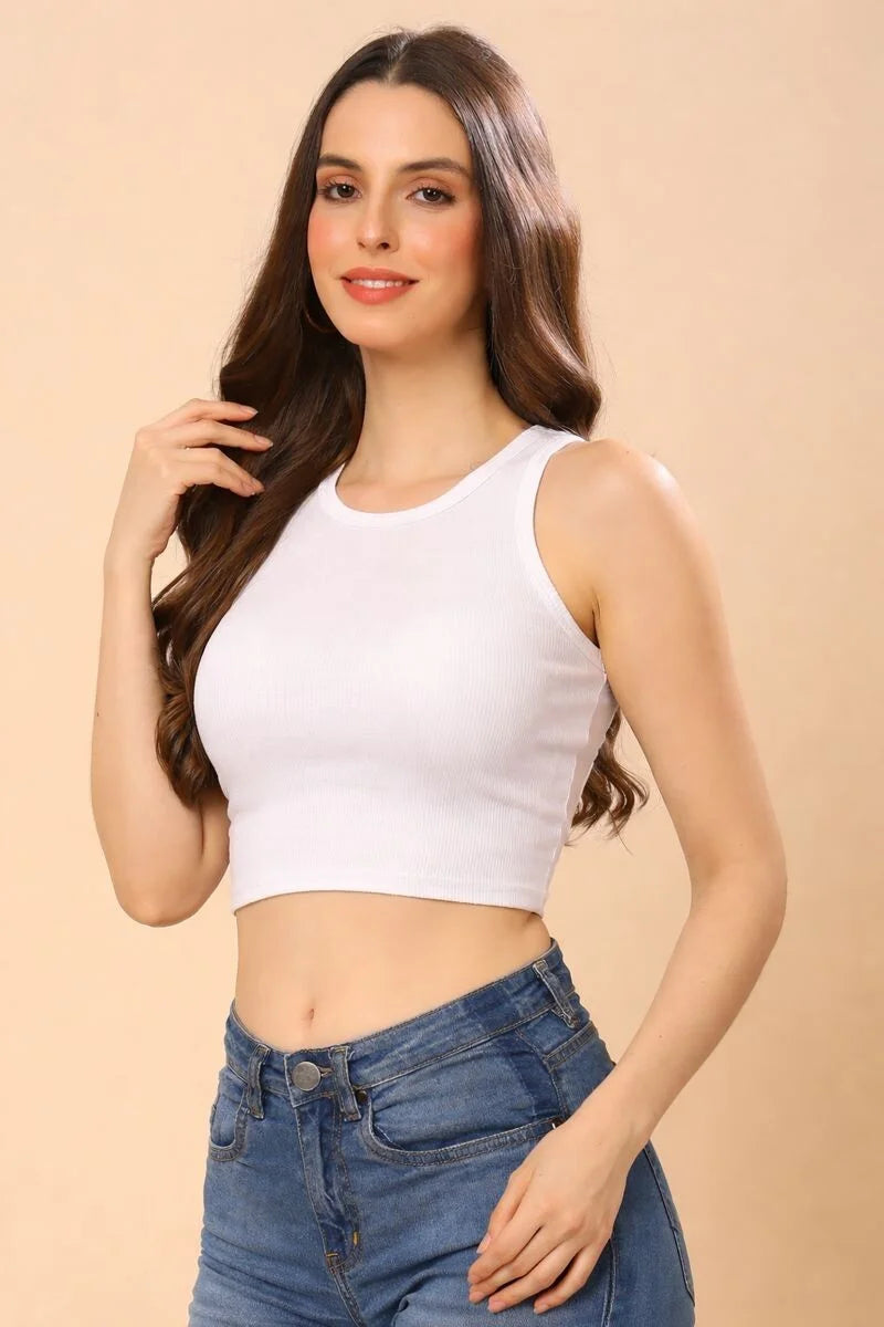 Louis Bayrad 1022 Elegant High Neck Crop Tank -White